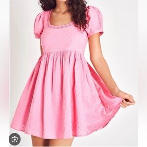 LoveShackFancy Raleigh Pink Cotton Puff Sleeve Babydoll Mini Dress with Pockets